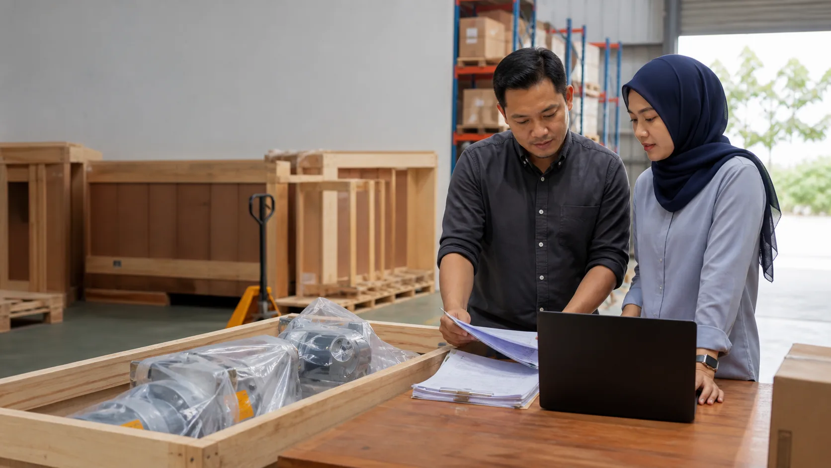 A logistics manager and colleague review shipping documents beside protected industrial equipment in a dispatch area.