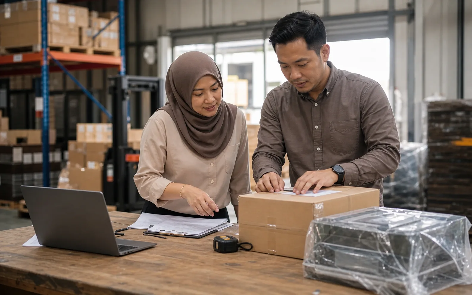Logistics colleagues review shipment paperwork and package dimensions at a preparation bench.
