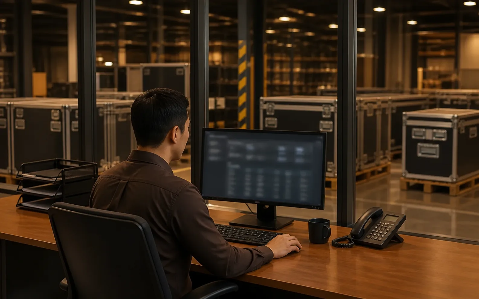 A logistics specialist reviews shipment information overlooking staged equipment cases.