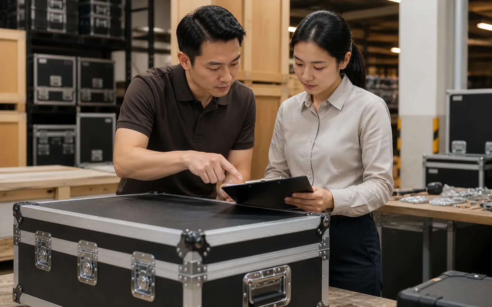 Logistics professionals review handling requirements beside a sealed equipment case.